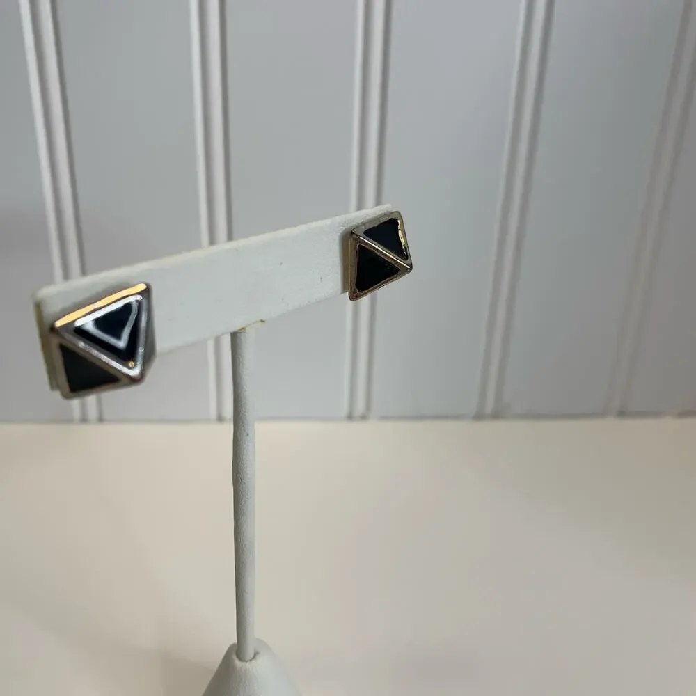 Black Enamel Silver Pyramidal Post Earrings  .5